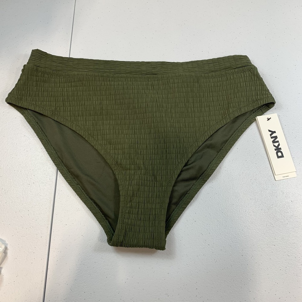 DKNY Women's Swim Bikini Bottoms M Green Textured High Waist Tummy Compression‎
